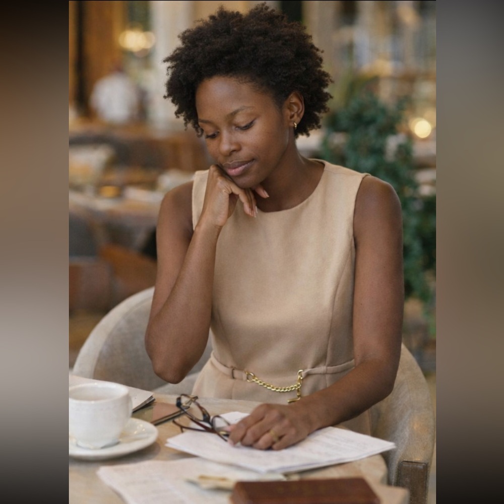 Oscar de la Renta Wool Chain Detail Sheath Dress in Warm Tan Sz 4 - Picture 3 of 15